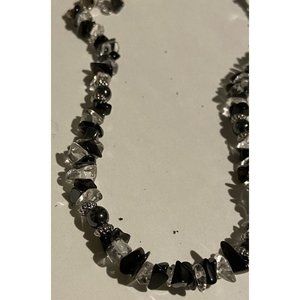 Beautiful Black Hematite Chips Round Silver Tone Charms Quartz Strand Necklace